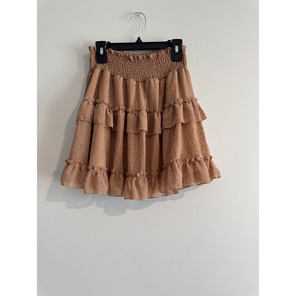 Altar'd State Tiered‎ Ruffle Mini Skirt Womens Small Tan Smocked Waist Boho
